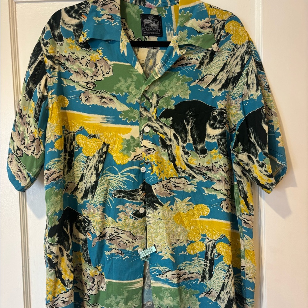 Blue and Green Casual Button Down Shirt with Tropical Print